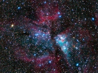 20150522 Eta Carina 16x15s rot  In April 2015 I had the privilege to attend the Oz Sky Star Party at Coonabarabra, New South Wales, Australia.  Given the very long trip I decided to try a min-max approach to imaging.  I'd try to maximize the imaging capabilities with a minimum amount of equipment.  Here's my interpretation of the Eta Carinae nebulae and its environs located in the constellation Carina about 7200 light years distant. Located between Canopus and the Southern Cross, Eta Carinae is easily pinpointed as the brightest star within the large naked eye Carina Nebula. Even with the modest equipment used the  lobes of the surrounding reflection nebula known as the Homunculus Nebula on either side of a bright central core are visible! Date:4/22/15 Location: Oz Sky Star Safari, Coonabarabra, NSW Australia Mount: Astrotrac Camera: Canon T5i Optics: Canon 70-200 f/2.8 + 1.4x Teleconverter at 280mm f/4 Exposure: 16x16 secs Processing: PixInsight